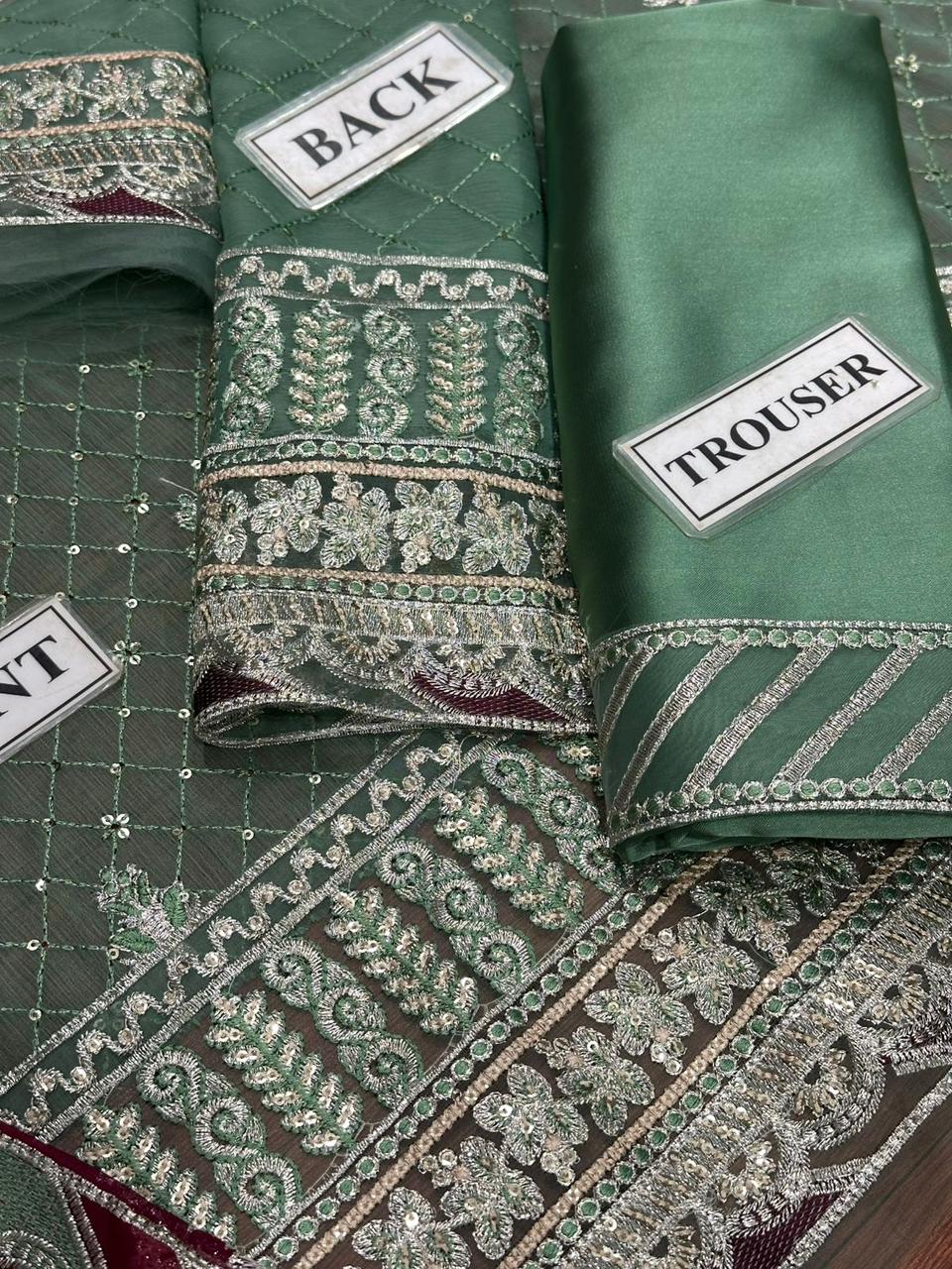 Sage Green Heavy Embroidered 3-Piece Festive Suit with Contrast Dupatta