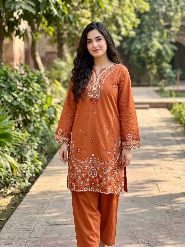 2 Piece Ready-to-Wear Embroidered Lawn Suit (Shirt & Trousers) – Rust Orange