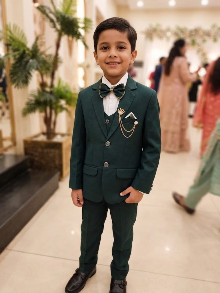 Boys 4-Piece Premium Formal Suit Set – Elegant Blazer, Shirt, Bow Tie & Pocket Square c