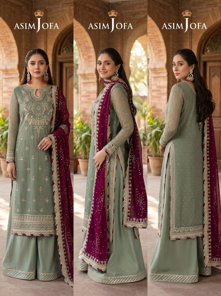 Sage Green Heavy Embroidered 3-Piece Festive Suit with Contrast Dupatta