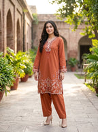 2 Piece Ready-to-Wear Embroidered Lawn Suit (Shirt & Trousers) – Rust Orange