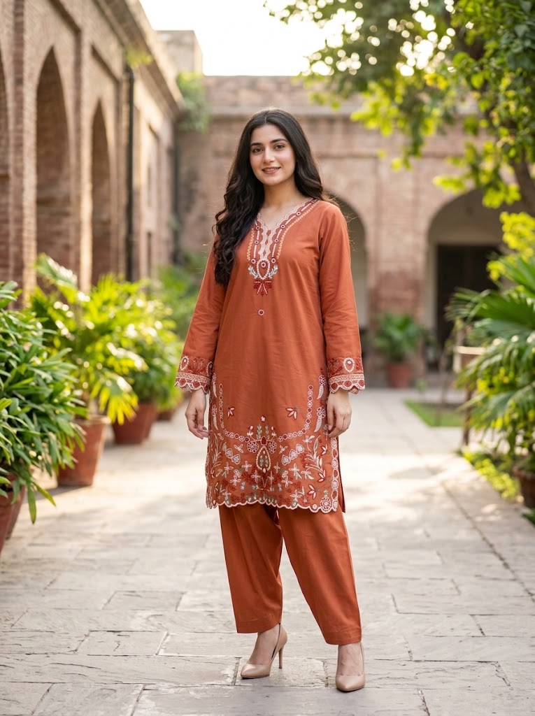 2 Piece Ready-to-Wear Embroidered Lawn Suit (Shirt & Trousers) – Rust Orange
