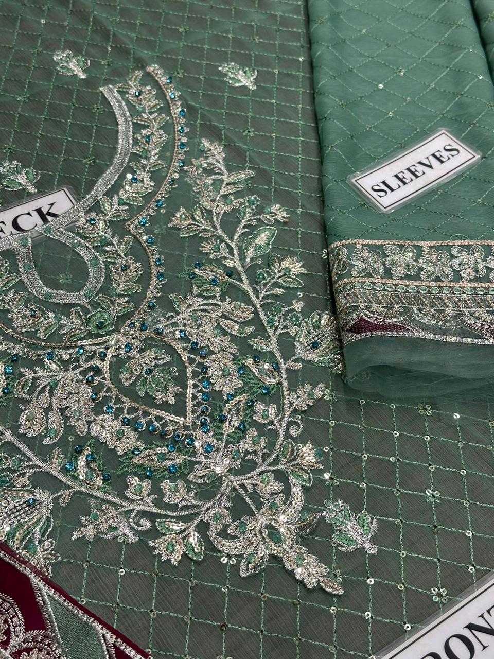 Sage Green Heavy Embroidered 3-Piece Festive Suit with Contrast Dupatta