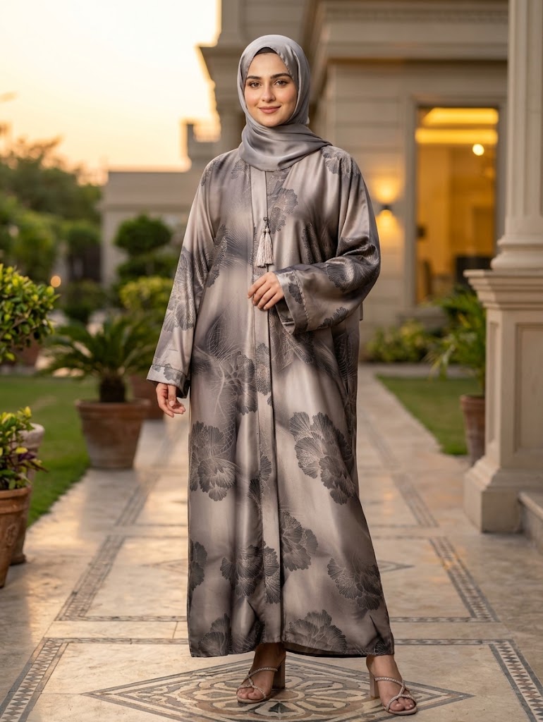 Elegant Printed Silk Abaya – Premium Grey & Neutral Jacquard Silk Fabric