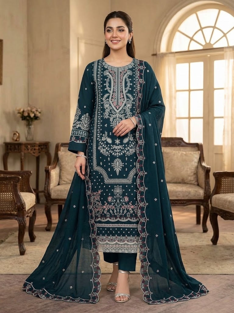 Midnight Teal Front-Sequinned & Embroidered Unstitched Outfit