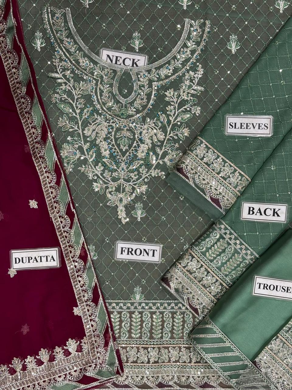 Sage Green Heavy Embroidered 3-Piece Festive Suit with Contrast Dupatta