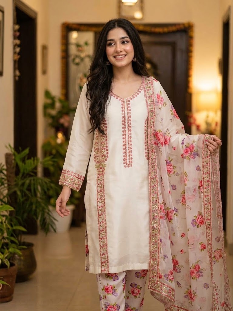 Ivory Blossom Embroidered 3-piece Silk Suit