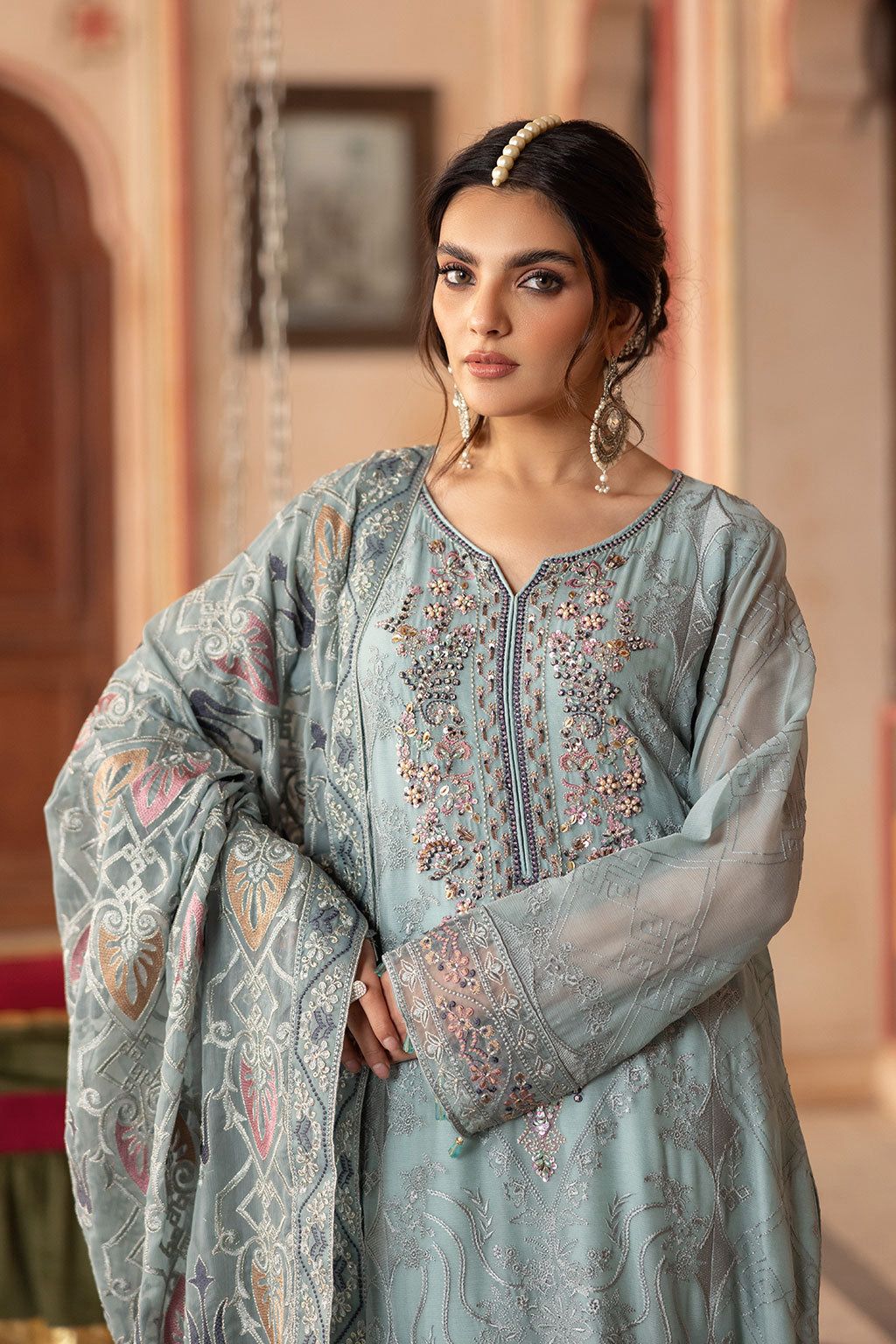 Teal Elegance - Hand-Embellished Chiffon 3-Piece Oranza Dupta Formal Suit