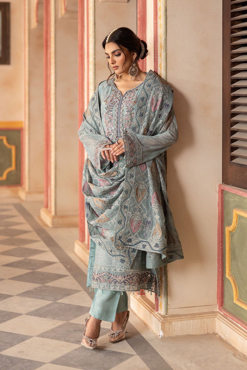 Teal Elegance - Hand-Embellished Chiffon 3-Piece Oranza Dupta Formal Suit