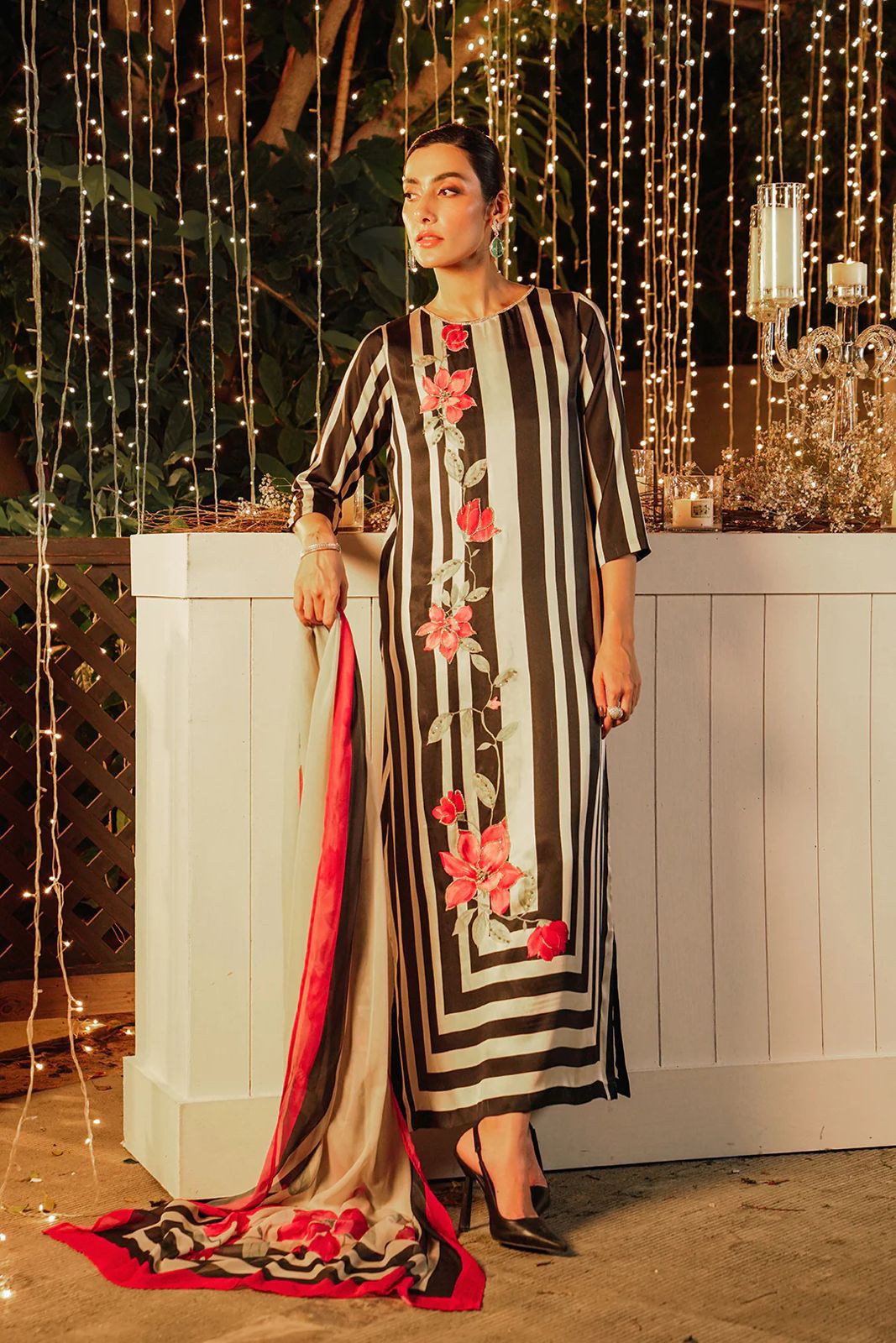 Noir & Crimson Vertical Stripe Ensemble 3 piece unstitch