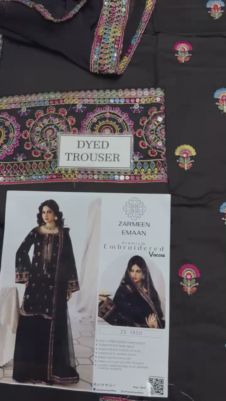 Zarmeen Emaan Artical-950 Fancy Embroidered Shirt Front Back Sleeves Laces Daman Patch Neckline With Premium Viscose Trouser And Pure Bamber Chiffon Dupatta