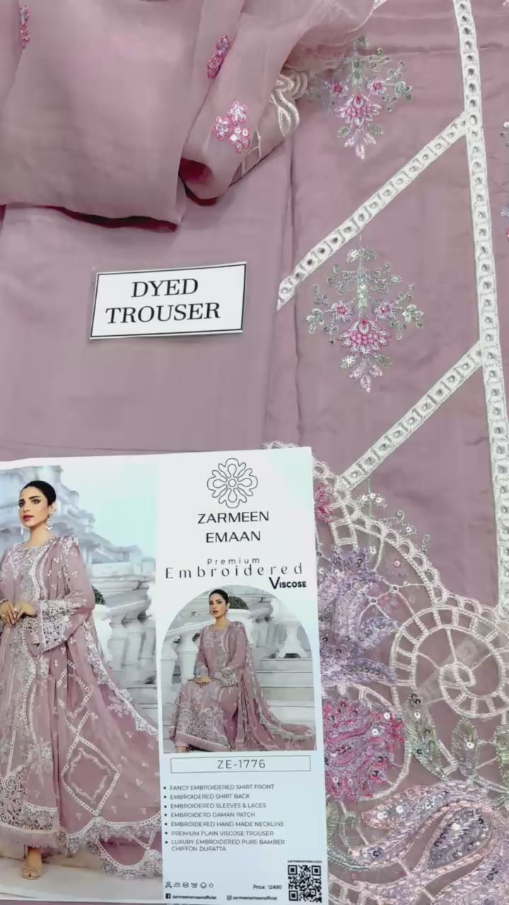 Zarmeen Emaan Article 1776 Luxury Embroidered Shirt Front Back Sleeves Neckline Daman Patch Premium Viscose Trouser Pure Bamber Chiffon Dupatta