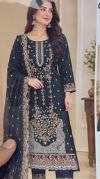 Black Embroidered karandi 3-piece Suit with Bamber Chiffon Dupatta unstitch