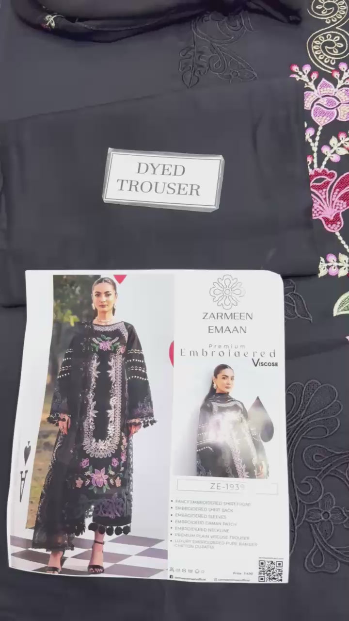 Zarmeen Emaan Artical-939 Fancy Embroidered Shirt Front Back Sleeves Daman Patch Neckline With Premium Viscose Trouser And Pure Bamber Chiffon Dupatta