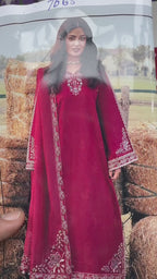 Embroidered Maroon Dhanak 3-Piece Suit with 4 side embroidered Wool Shawl