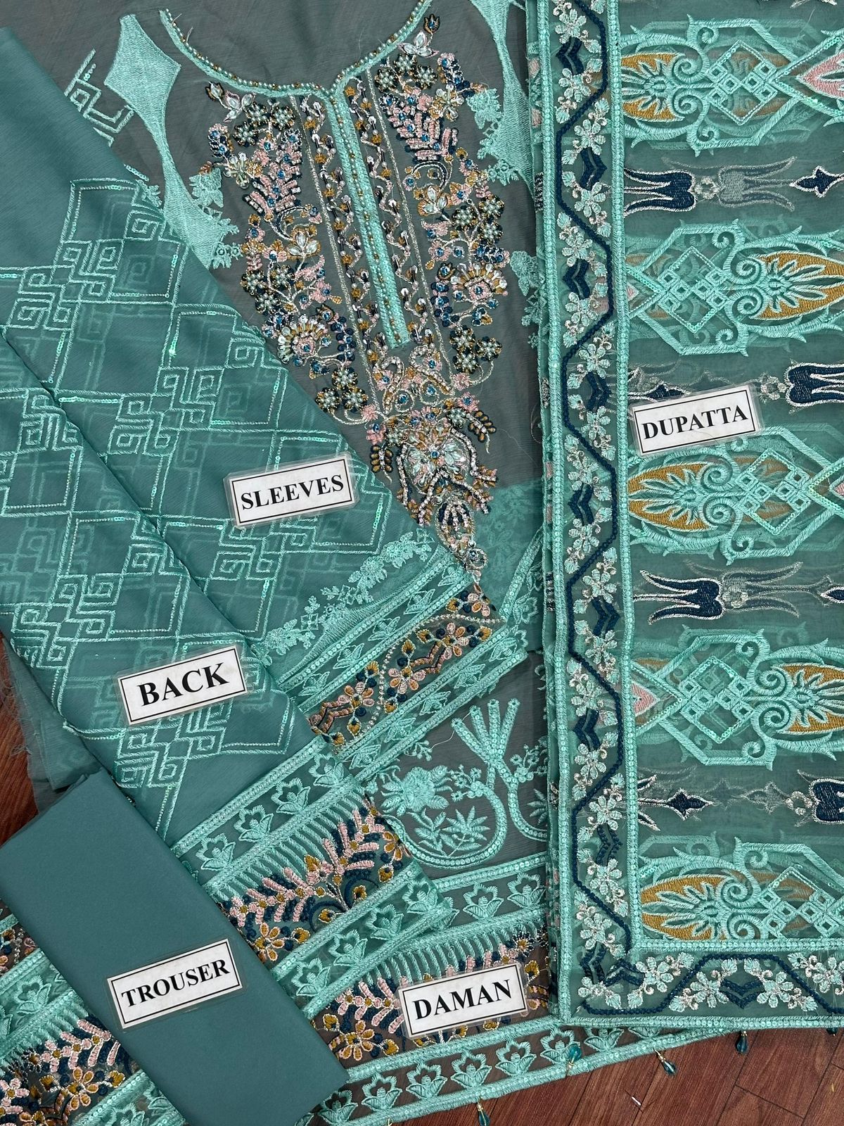 Teal Elegance - Hand-Embellished Chiffon 3-Piece Oranza Dupta Formal Suit
