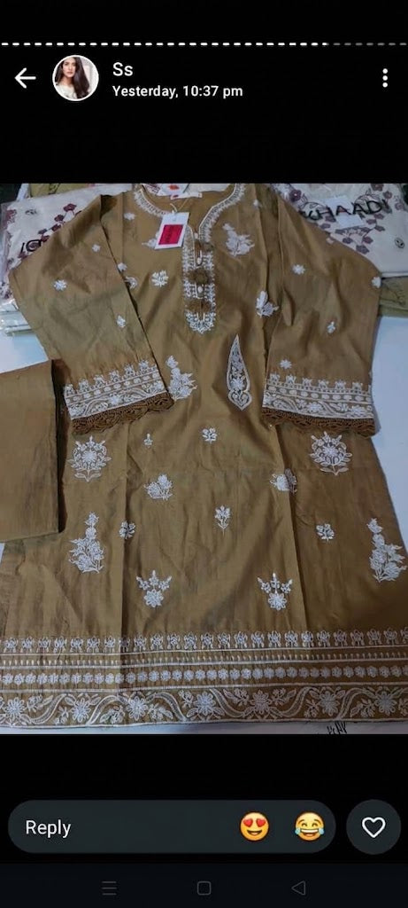 2 Piece Ready-to-Wear Embroidered Lawn Suit (Kurta & Trousers) – Olive Brown