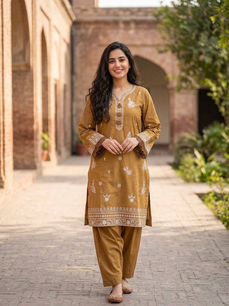 2 Piece Ready-to-Wear Embroidered Lawn Suit (Kurta & Trousers) – Olive Brown
