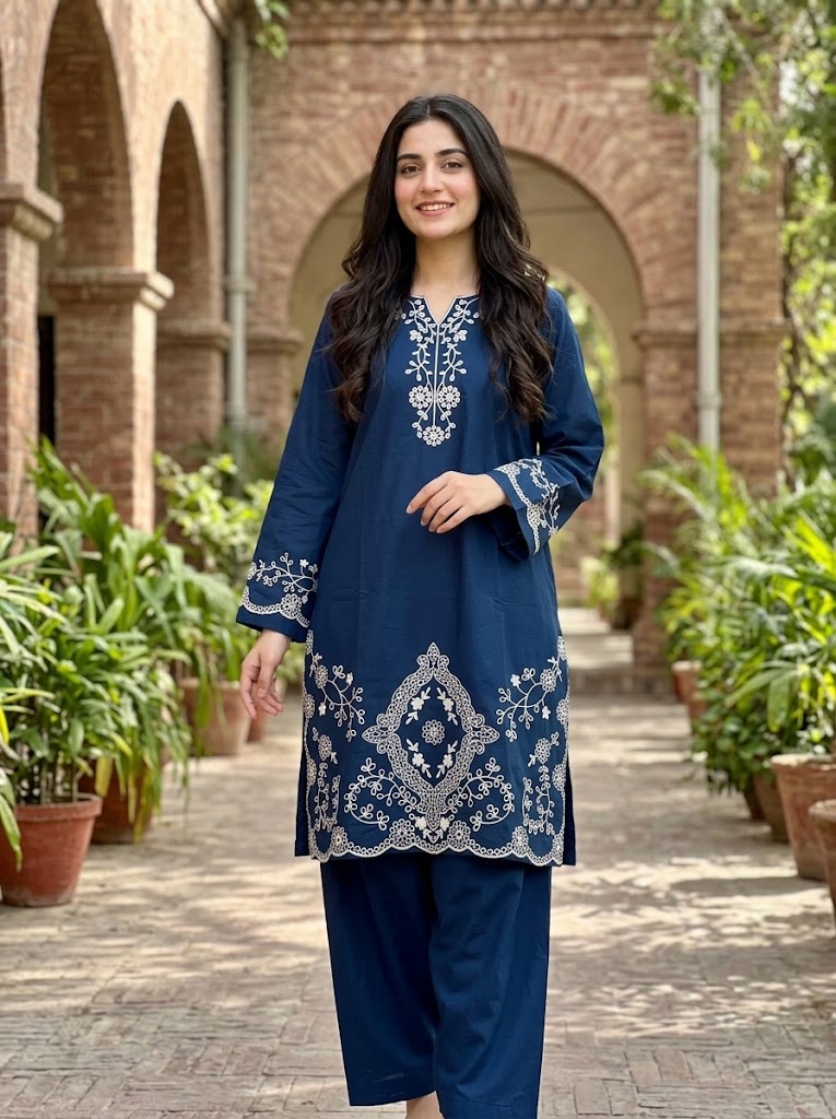 2 Piece Ready-to-Wear Embroidered Lawn Suit (Shirt & Trousers) -Midnight Navy