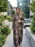 Elegant Printed Silk Abaya – Premium Grey & Neutral Jacquard Silk Fabric