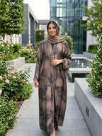 Elegant Printed Silk Abaya – Premium Grey & Neutral Jacquard Silk Fabric